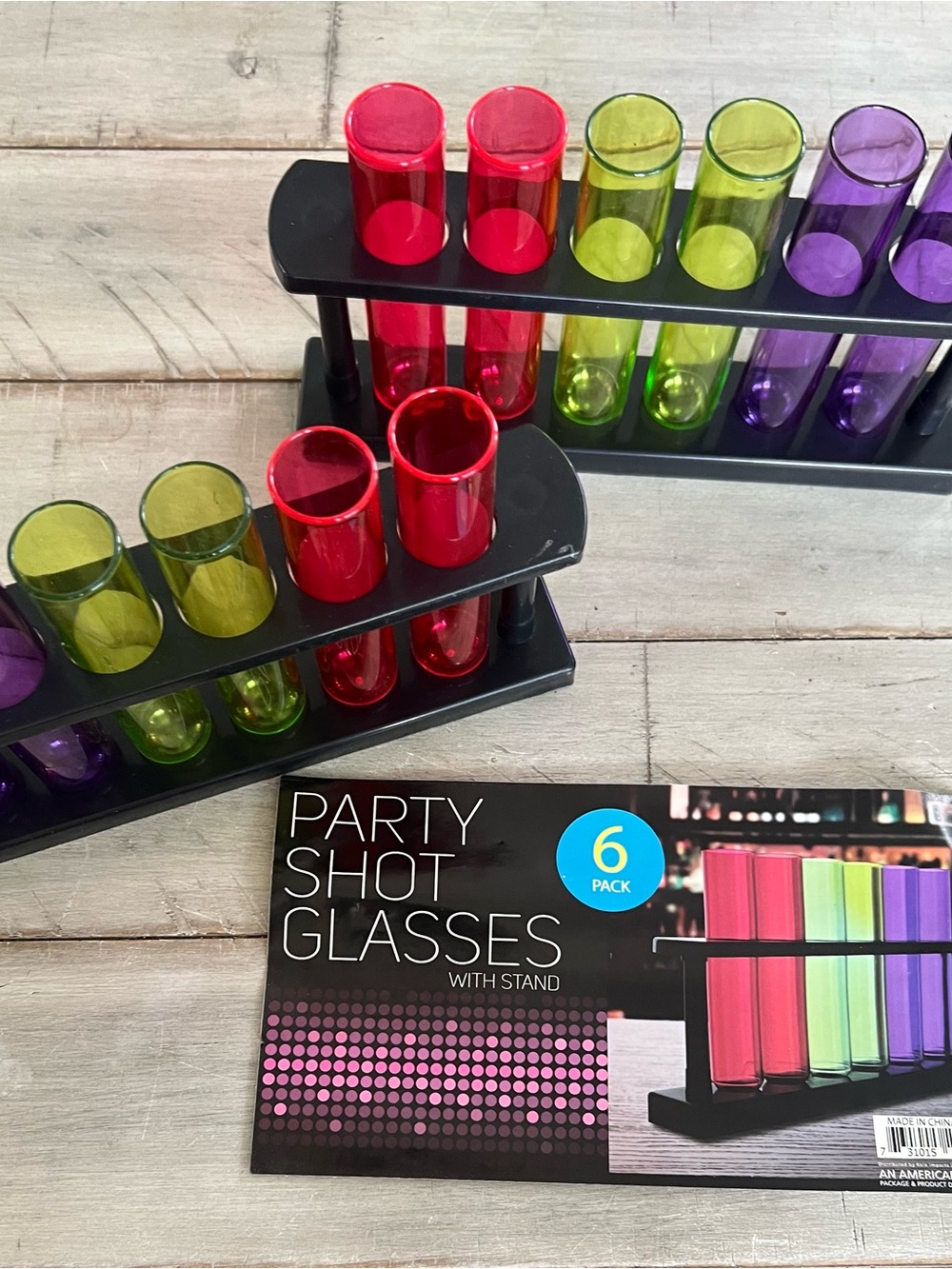 Party Shot Glasses 12-Pack with Stand  Red, Green, Purple Bachelorette Party Bar